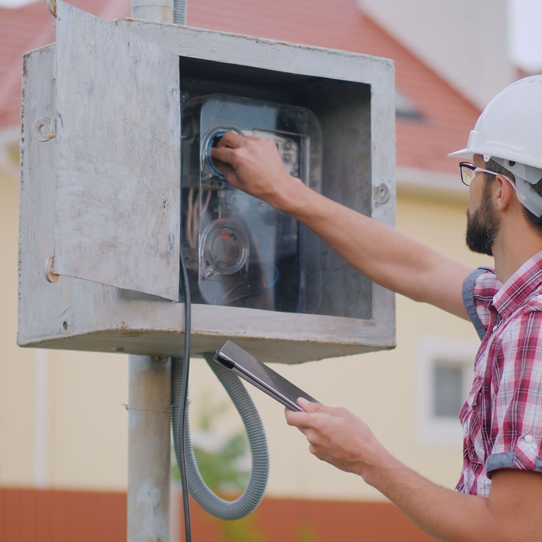 Egy villanyszerelő villanyóra bekötés közben Vámospércsen