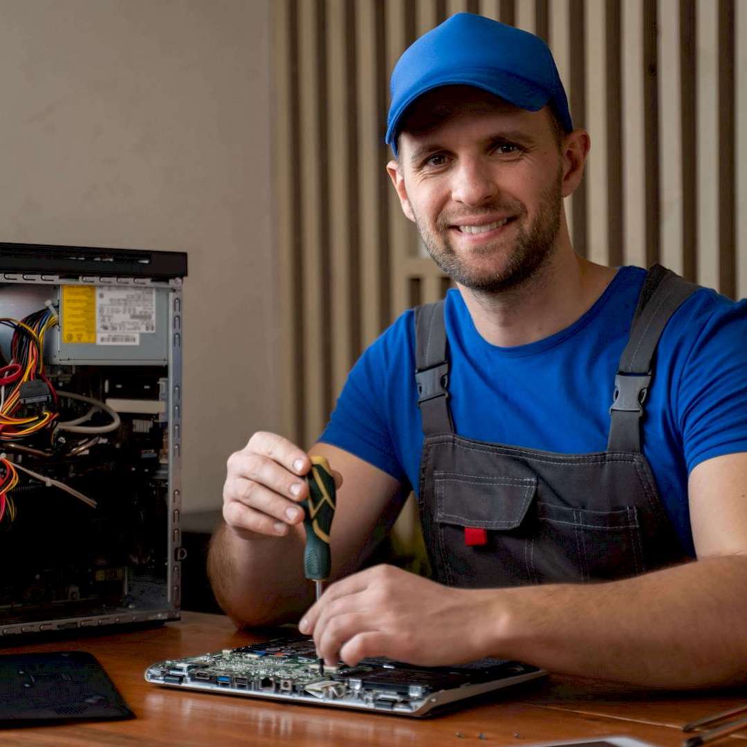 Egy számítógép szerelő laptop kijelző javítás közben Szegeden