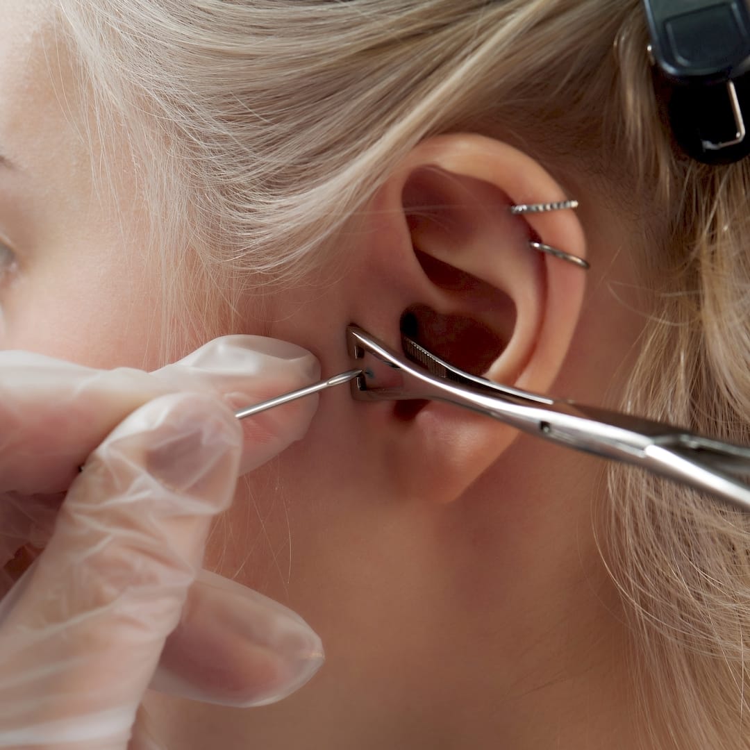 Egy piercer helix piercing szúrás közben Nyírmadan