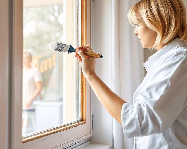 Fotó egy szerelőről, amint megbízhatóan ablak festést végez egy lakásban.