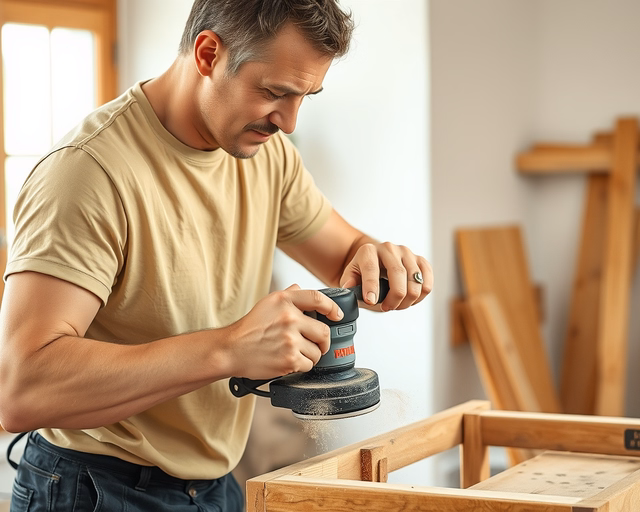 Fotó egy nyílászáró-szerelőről, amint körültekintően ablakkeret csiszolást végez egy műhelyben.