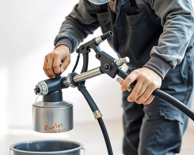 Mester készíti elő a felületet, maszkoló szalaggal védi az ablakokat, majd airless festékszóróval egyenletesen viszi fel a festékréteget beltéri falra — airless technológiás festés kivitelezése.