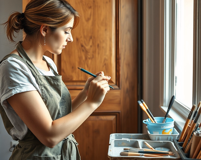 Fotó egy asztalosról, amint biztonságosan ajtó dekoratív festést végez egy házban.