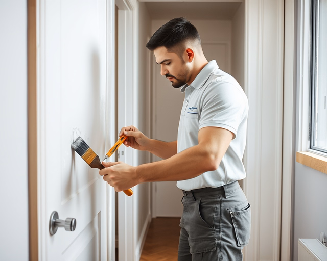 Fotó egy szerelőről, amint megbízhatóan ajtókeret festést végez egy házban.