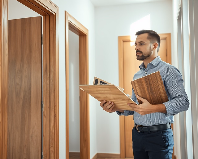 Fotó egy zárszerelőről, amint megbízhatóan ajtóválasztási tanácsadást végez egy irodában.