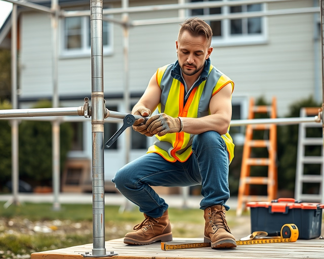 Állványkölcsönzés: munkás biztonsági övvel és sisakkal felszerelve precízen szereli fel a fém állványt egy építkezés homlokzatán, létrafokról mér és rögzít csavarokat.