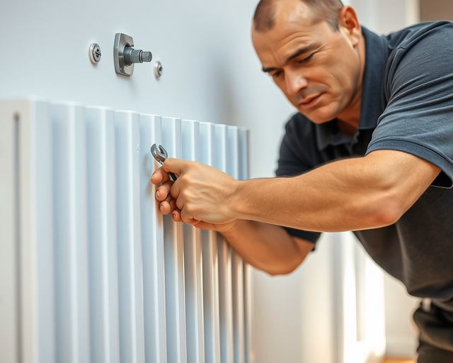 Aluradiátor beszerelése: szerelő precízen helyezi az új aluradiátort a falra szerelt konzolokra, csőcsatlakozásokat tömíti és légtelenítőt nyit, hogy biztosítsa a fűtés rendszer megfelelő működését.