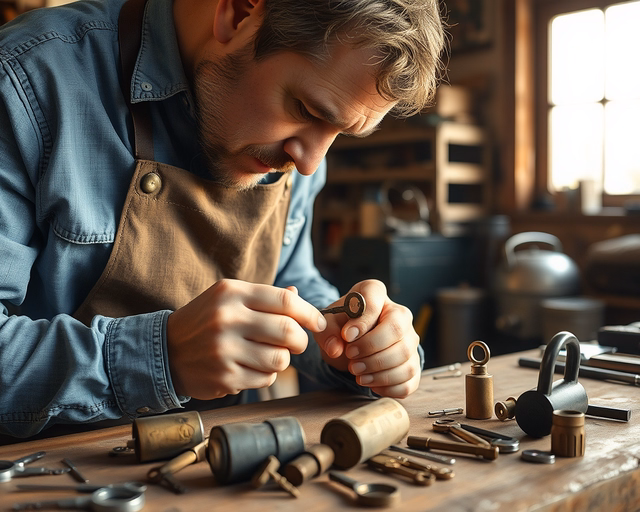 Fotó egy szakemberről, amint szakszerűen antik kulcs pótlást végez egy házban.