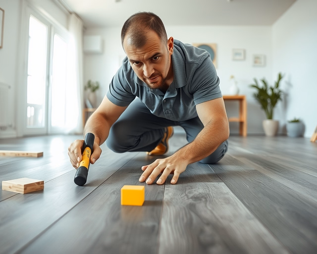 Szerelő gondosan méri és vágja az Antracit színű laminált padlót, majd precízen illeszti és kalapáccsal rögzíti a csaphornyos elemeket a helyükre.