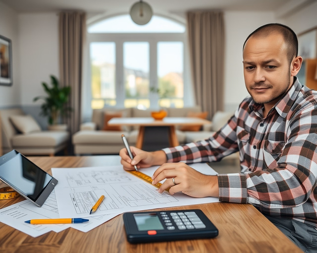 Árajánlat-készítés az építőiparban: Mérnök a helyszínen pontosan leméri a falakat, fotókat készít, majd számítógépen tételes költségvetést és anyaglistát állít össze.