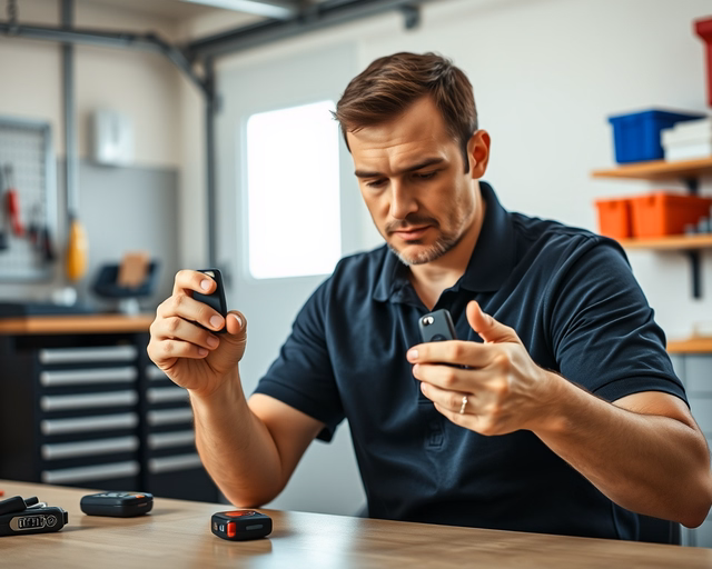 Fotó egy szakemberről, amint professzionálisan autó távirányító másolást végez egy garázsban.