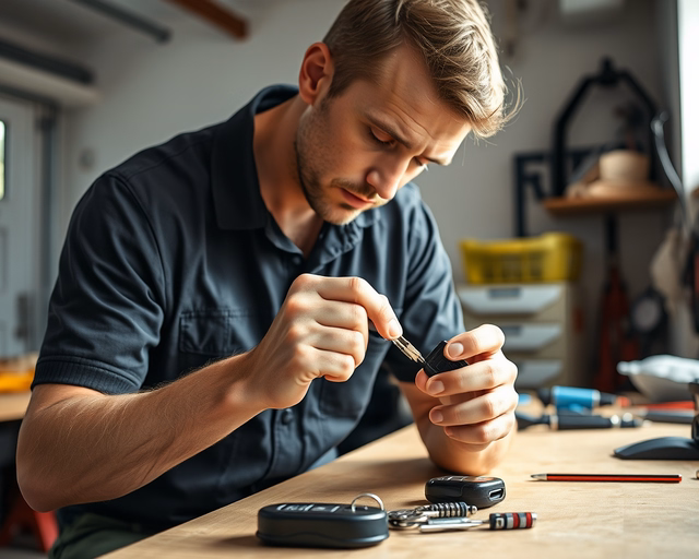Fotó egy szakemberről, amint precízen autókulcs gyors javítását végez egy garázsban.