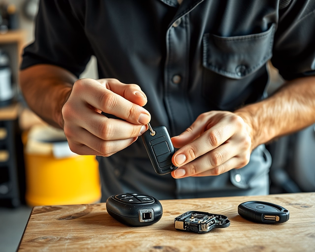 Fotó egy zárszerelőről, amint megbízhatóan autókulcs ház cserét végez egy garázsban.