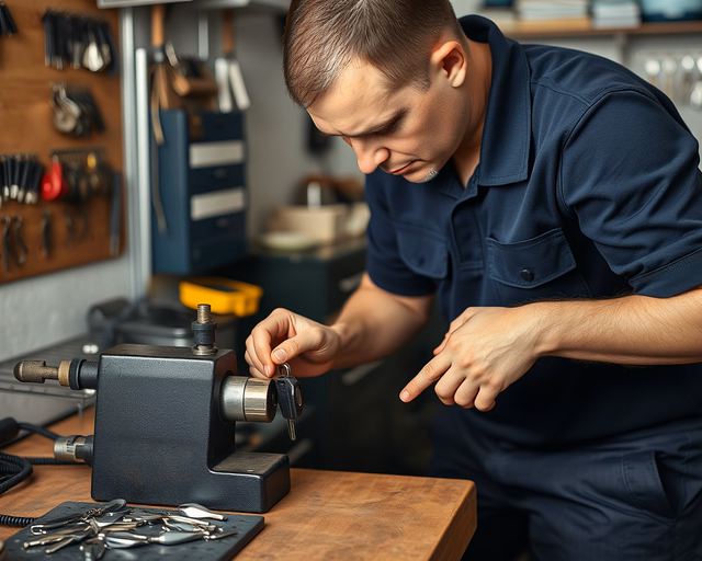 Fotó egy szakemberről, amint megbízhatóan autókulcs másolást végez egy garázsban.