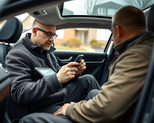 Fotó egy mesteremberről, amint precízen autókulcs programozást végez egy garázsban.