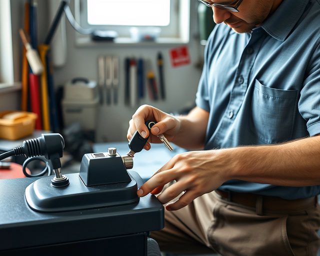 Fotó egy mesteremberről, amint biztonságosan autókulcs vágást végez egy garázsban.