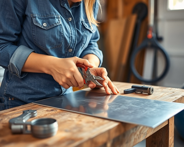 Mester bádogos munka közben: lemez hajlítása és szegecselése, ereszcsatorna és lemeztető illesztése, forrasztás, vízszigetelés ellenőrzése. Precíz bádogosmunkák tetőn.