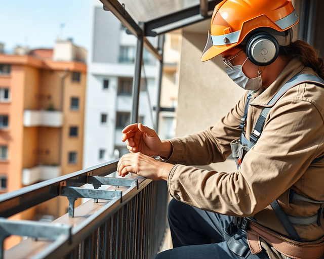 Mester tetőfedő a balkonon polikarbonát tetőt szerel: mérés, alumínium tartószerkezet rögzítése, vízelvezetés kialakítása, csavarozás és szigetelés. Tartós, időjárásálló megoldás.