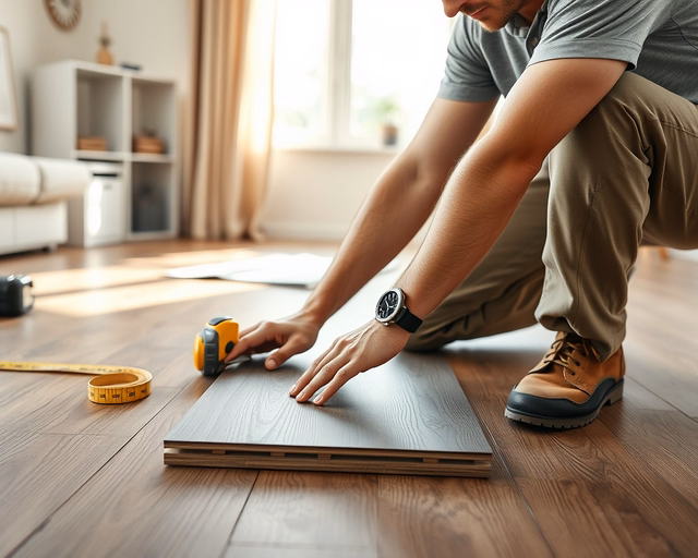 Mester precízen fekteti a barna laminált padlót: illesztések összehangolva, dekoratív bordázat simítva, ragasztószalag eltávolítva — barna laminált padló kész, szegélylécek rögzítve.