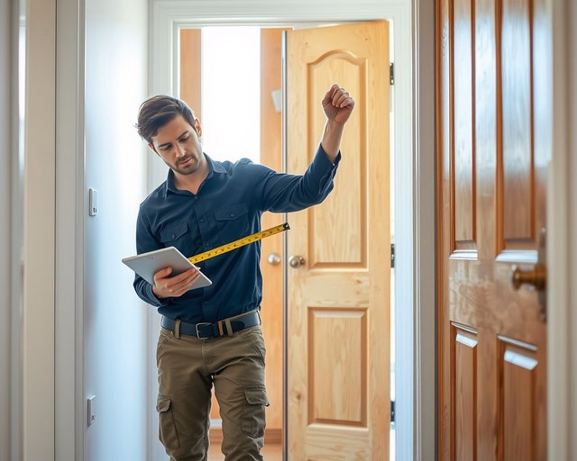 Fotó egy szakemberről, amint biztonságosan bejárati ajtó felmérést végez egy bejáratnál.