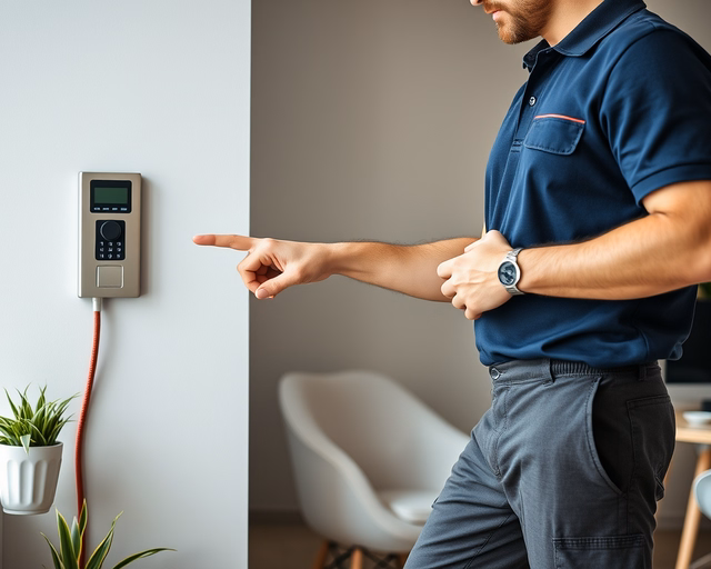 Fotó egy mesteremberről, amint biztonságosan beléptetőrendszer oktatást végez egy nappaliban.