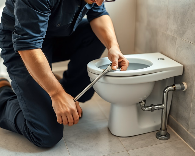Fotó egy vízvezeték-szerelőről, amint gondosan bidét szerel egy fürdőszobában.