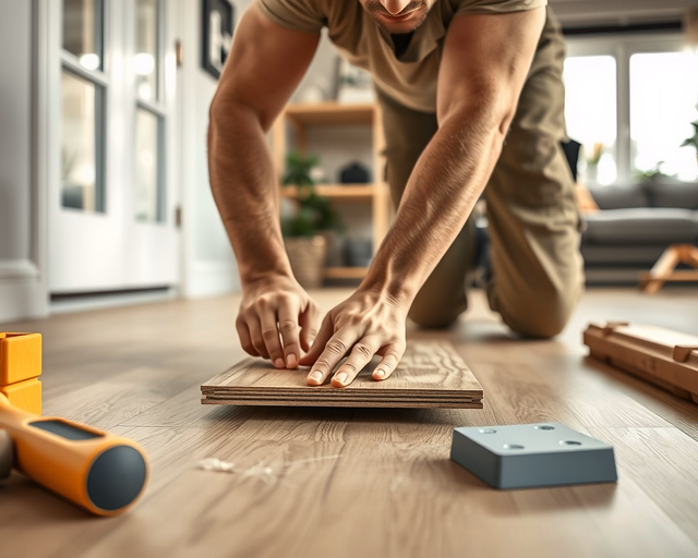 A mester Billenő, klikkes laminált padló lerakása közben pontosan illeszti a paneleket, kalapáccsal finoman ütve a záródást, miközben léccel ellenőrzi a fugák egyenességét és hézagát.