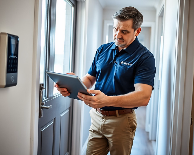 Fotó egy zárszerelőről, amint biztonságosan biztonsági felmérést végez egy nappaliban.