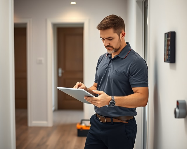 Fotó egy zárszerelőről, amint precízen biztonsági rendszer tervezést végez egy nappaliban.