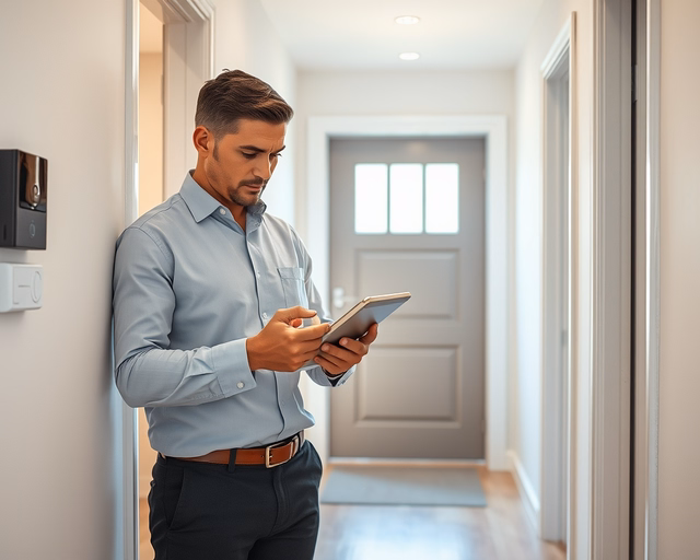 Fotó egy mesteremberről, amint szakszerűen biztonságtechnikai tanácsadást végez egy irodában.