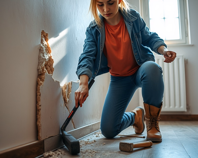 Bontás: munkás védőruhában óvatosan eltávolít egy régi csempét, kalapáccsal és vésővel dolgozva, törmelékdobozba gyűjtve, porvédő szemüveg és légmaszk látható.