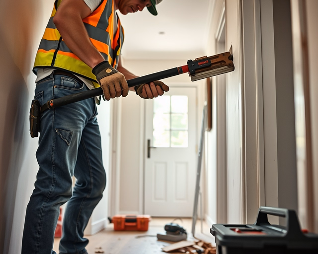 A munkás védőfelszerelésben bont falat kézi fűrésszel, törmelék hullik a padlóra - Bontási munkák alvállalkozóknak látható folyamat, precíz, biztonságos eljárás.