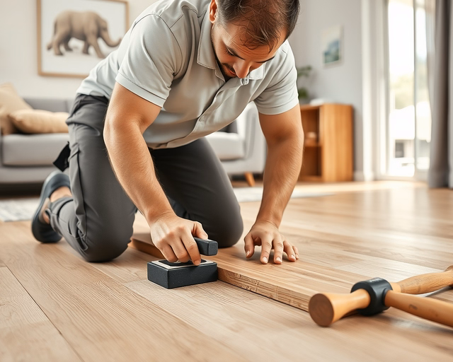 A szakember precízen ragasztja a Bükk laminált padlólapot a tiszta aljzathoz, simítóval eltávolítva a légbuborékokat és illesztve a csíkokat pontos, hibátlan fugákhoz.