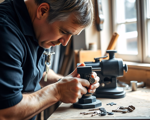 Fotó egy zárszerelőről, amint precízen bútorkulcs másolást végez egy hálószobában.