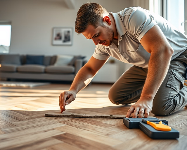 Egy szakember precízen ragasztja és illeszti a Chevron mintás laminált padlót a padlódeszkák végeit szögletes mintába igazítva — Chevron mintás laminált padló hétköznapi helyiségben.