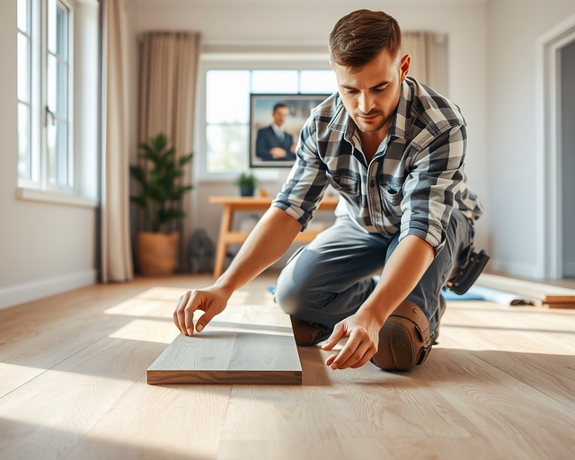 Classen laminált padló lerakása: szakember pontosan illeszti és pattintja a Classen laminált padlóelemeket, fugákat ellenőriz, ragasztó nélkül, precíz vágással igazítja a sarkokhoz és küszöbhöz.