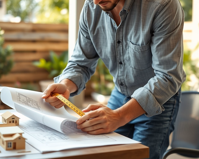 Családi ház tervezés és kivitelezés: építész a tervrajz fölött magyaráz ügyfélnek, mellette állványon építési makett és mérőszalag, napsütéses telek a háttérben, munkaruhás kivitelezők.