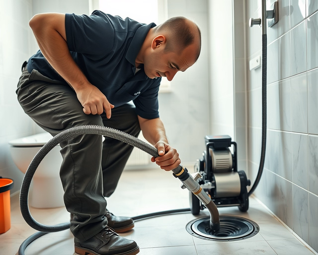 Fotó egy vízvezeték-szerelőről, amint körültekintően csatornát tisztít egy udvaron.