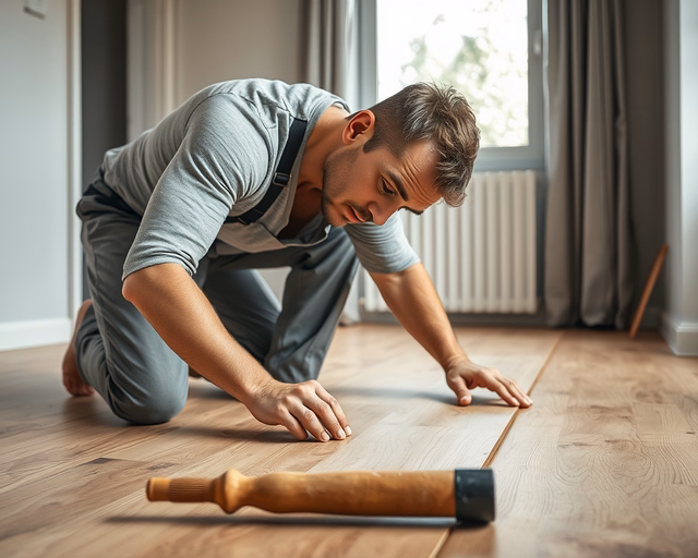 Kérem, helyezzenek le csempehatású laminált padlót: szakember pontosan vágja és illeszti a panelek csempehatású mintázatát, ragasztóval rögzítve, fugaszerű hézagokkal befejezve.