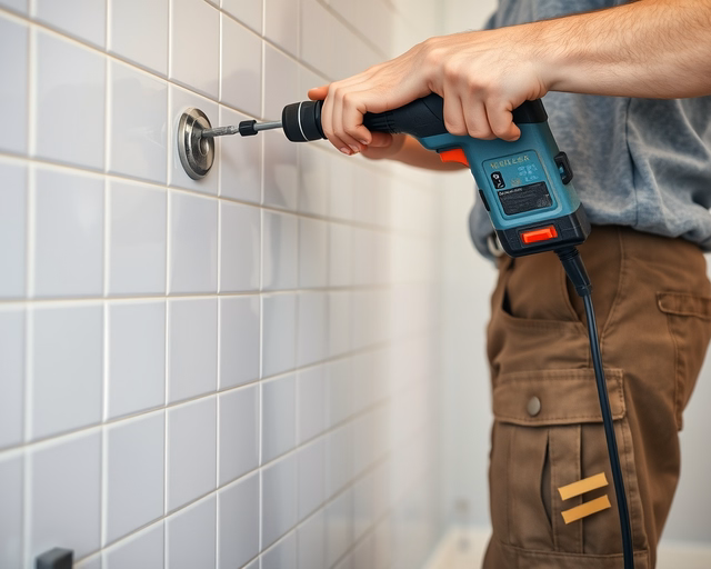 Csempék fúrása: szakember fúrószárat tart a járólap pereménél, stabilizálja a fúrót, lassan és hűtővízzel hűtve lyukat készít a csempébe pontos méretben.