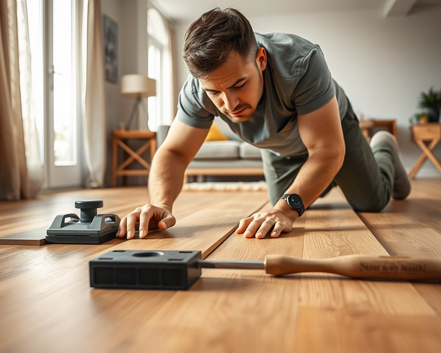 Cseresznye színű laminált padló: szerelő precízen illeszti össze a dekorlappal borított padlólapokat, kalapáccsal finoman leütve a tömítést és ellenőrizve a fugavonalak egyenletességét.