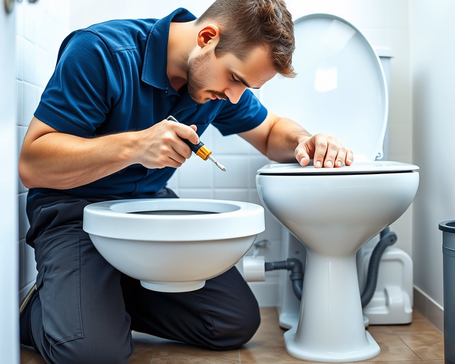 Fotó egy mesteremberről, amint szakszerűen darálós WC dugulást szüntet meg egy fürdőszobában.