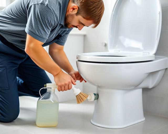 Fotó egy szakemberről, amint professzionálisan darálós WC-t fertőtlenít egy fürdőszobában.