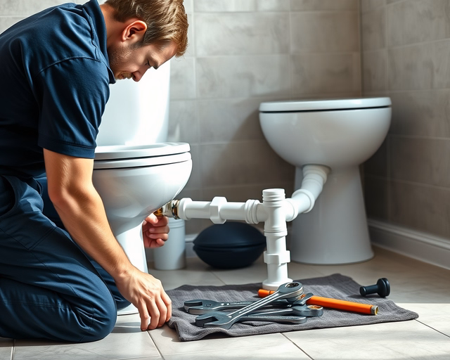 Fotó egy vízvezeték-szerelőről, amint gondosan darálós WC-t szerel egy fürdőszobában.