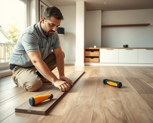 Diego laminált padló lerakása: szakember pontosan méri a helyiséget, alátétet terít, panelokat illeszt és kalapáccsal finoman összekapcsolja a csapolásokat, hogy sima, egyenletes felület jöjjön létre.