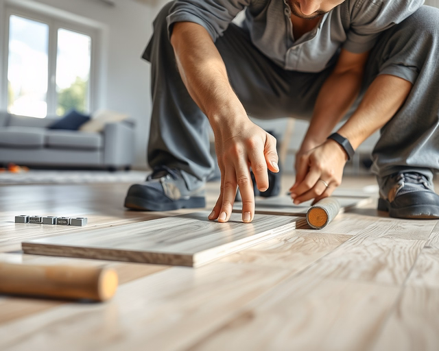 Mester precízen vágja és illeszti a dió színű laminált padlólapot; ragasztó nélkül click-rendszerrel rögzíti, majd gumikalapáccsal óvatosan pattintja a helyére.