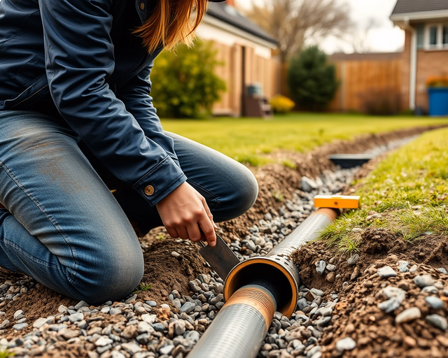 Drén szikkasztás: Technikus ásóval mély, perforált vízelvezető csövet helyez a homokos talajba, köré kavicsot tölt és geotextíliát húz, hogy távolítsa a felszíni vizet.