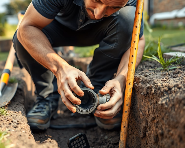 Dréncsövezés: munkás földet áss, perforált csövet fektet a vízelvezető árokba, geotextíliával burkolja és visszatölti a talajt, víz szivárgását ellenőrizve.
