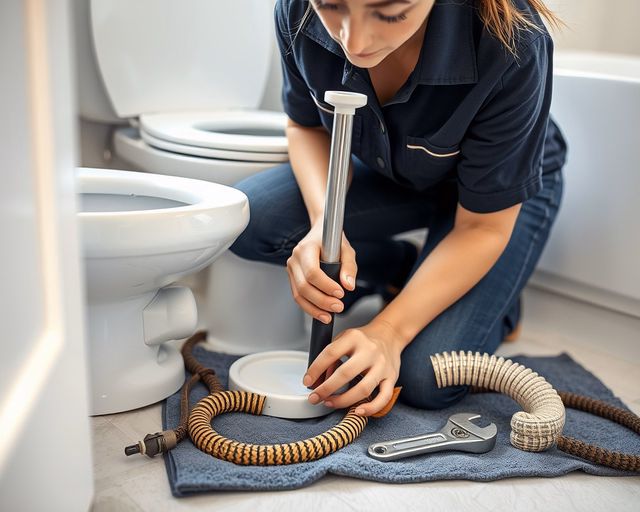 Dugulás a vécében: vízszint emelkedik, szerelő gumikesztyűben csősárgát szerel, csőrügyezővel és spirállal tisztítja a WC-kifolyót, szagelszívó ventilátor bekapcsolva.