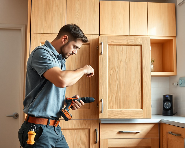 Fotó egy bútorjavítóról, amint biztonságosan egyedi konyhabútor tervezést végez egy konyhában.